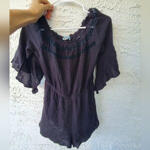 She + Sky Black Cotton Blend Romper with Lace Ruffle Detail Sz M
